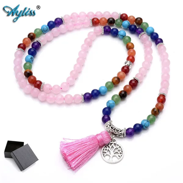 Rose Quartz Ayliss 1 шт. Новинка 6 мм натуральный 7 Чакра Исцеление Кристалл драгоценный камень буддийский молитвенный 108 бусины Тибетский Мала Браслет ожерелье кисточкой - Окраска металла: Rose Quartz