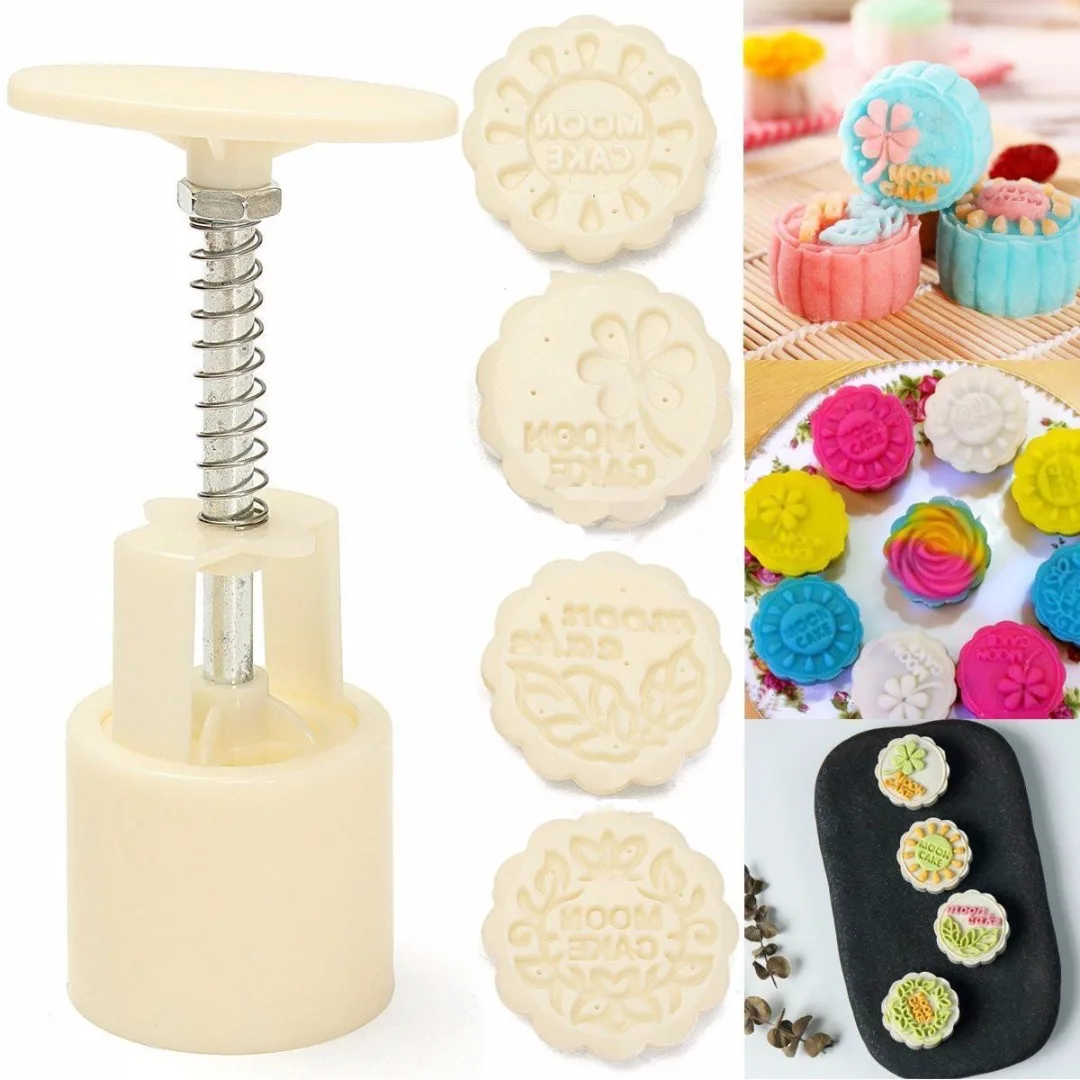 JX-LCLYL 3D Round Moon Cake Mould Set Biscuit Mooncake With 4 Stamps Home DIY Beige New