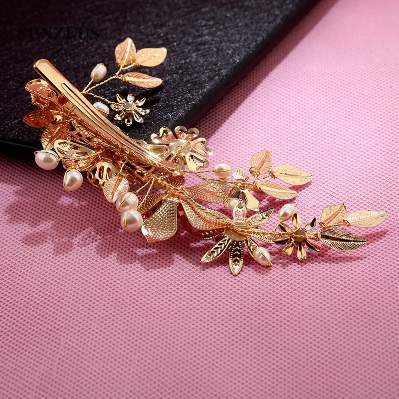 Золотые цветы и листья свадебное украшение на голову жемчуг аксессуары для волос с бисером для женщин формальная Вечеринка шпильки для волос SHA63