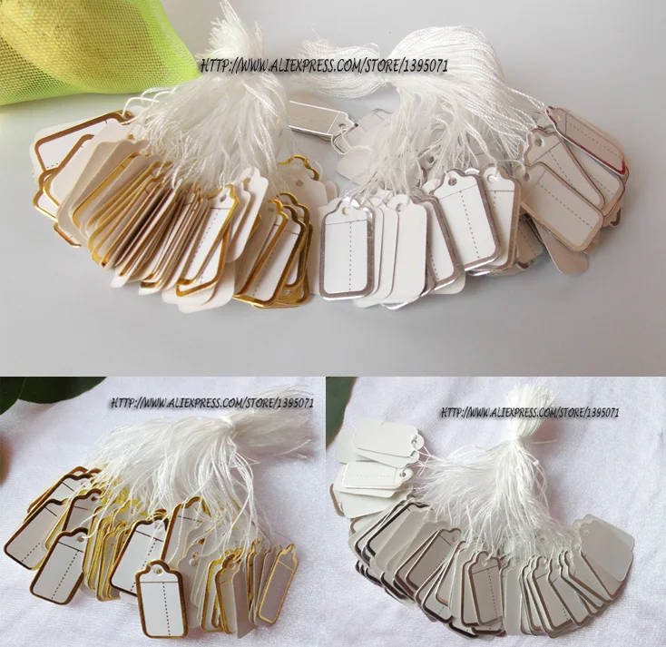 

Promotion 500pcs Paper Jewelry Price Tags Strung Pricing Tag with String Gold and Silver Store Accessories Necessity Lable