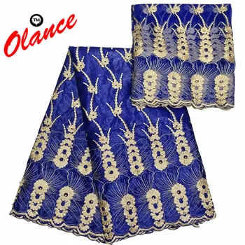 

Latest golden color embroidered pattern with golden Beads 5 yards Bazin and 2 yards net lace KY18 Nigeria WAX lace Fabric