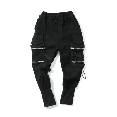 Steampunk casual zipper pocket Black men's pants  Black personality fashion cargo trousers elastic waist