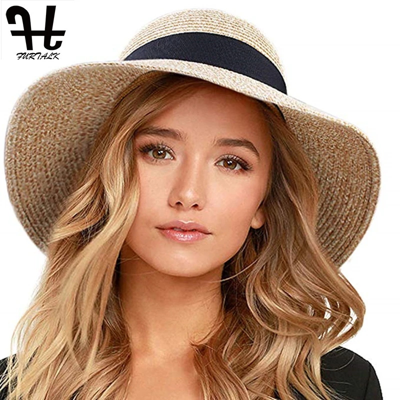Tanie FURTALK kapelusz na lato dla kobiet słomkowy kapelusz z szerokim rondem wiaderko plażowe kapelusz słońce ochrona przed słońcem czapka z muszka 2019