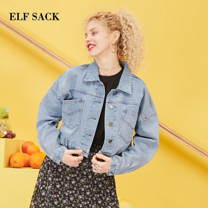 

ELF SACK 2019 Spring Fashion Cotton Jackets Woman Full Solid Female Outerwear Coats Single Breasted Loose Ladies Plaid Jackets