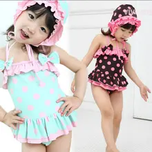 Милый купальный костюм в горошек для девочек 2-8 лет, профессиональный один цельный купальник, купальные костюмы с шапкой для купания, 2 цвета, Лидер продаж