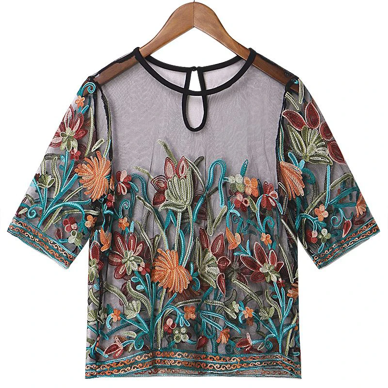 

New Semi Sheer Women Summer Sexy Crop Tops Floral Embroidery Mesh Transparent Vintage See Through Thin Tunic Blouse Plus Size