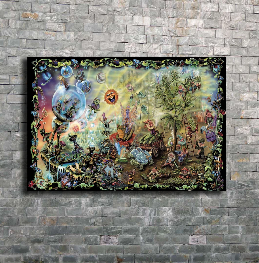 

Fairies Gnomes Magic Mushrooms Psychedelic Trippy Art Canvas Poster Wall Print Abstract Home Decor picture 12x18 24x36 27x40