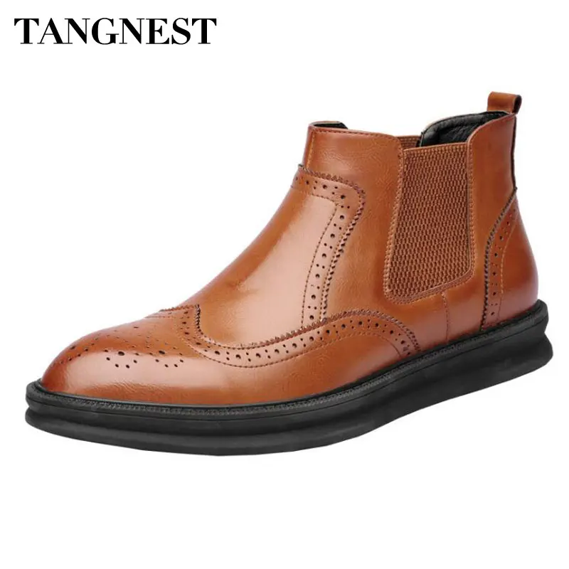 

Tangnest NEW Autumn Men's Chelsea Boots Vintage Cow Split Leather Ankle Boots For Men Casual Brogue Shoes Big Size 38~47