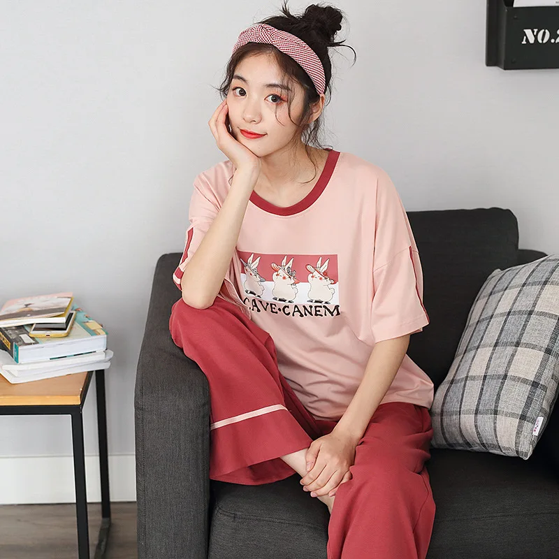 

Summer pajama set short-sleeved trousers 2pcs Korean cartoon cute rabbit pink casual loose home suit pijama verano mujer algodon