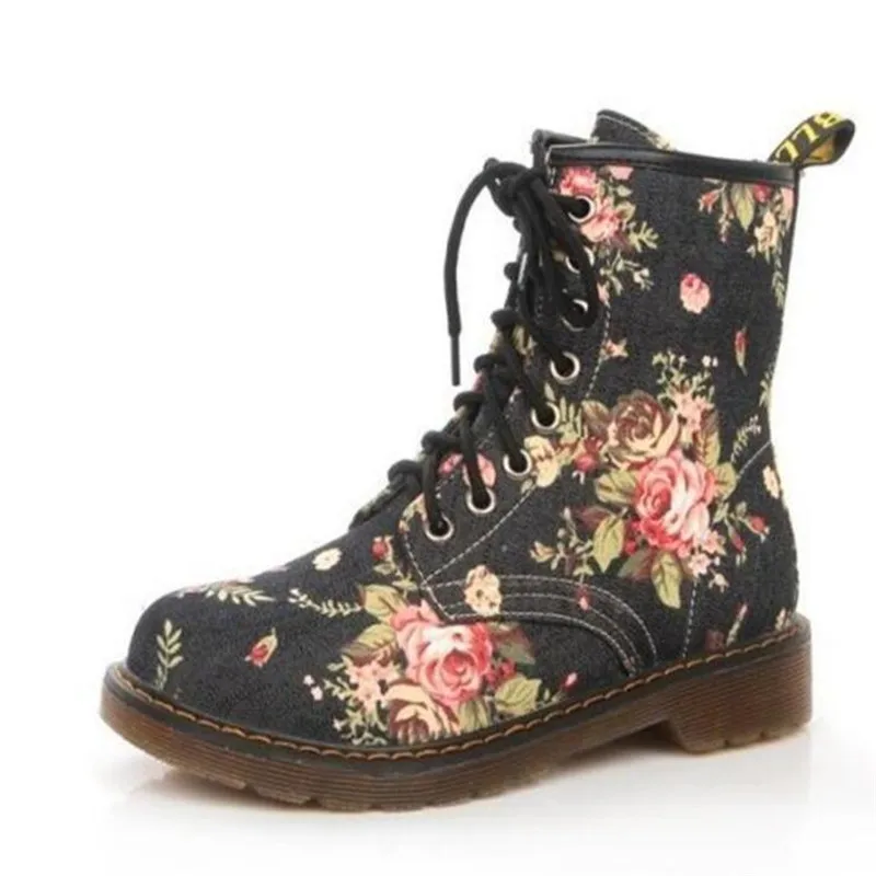 

High Quality Women Boots 2019 New Fashion Elegant Floral Flower Print Kids Shoes Female Boots Casual Lace Female Boots