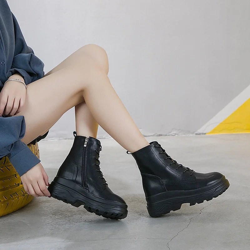 Cena SWYIVY Genine skórzane buty damskie buty na co dzień ciepłe 2019 zimowe damskie botki buty damskie wysokie góry zwiększone butki na śnieg