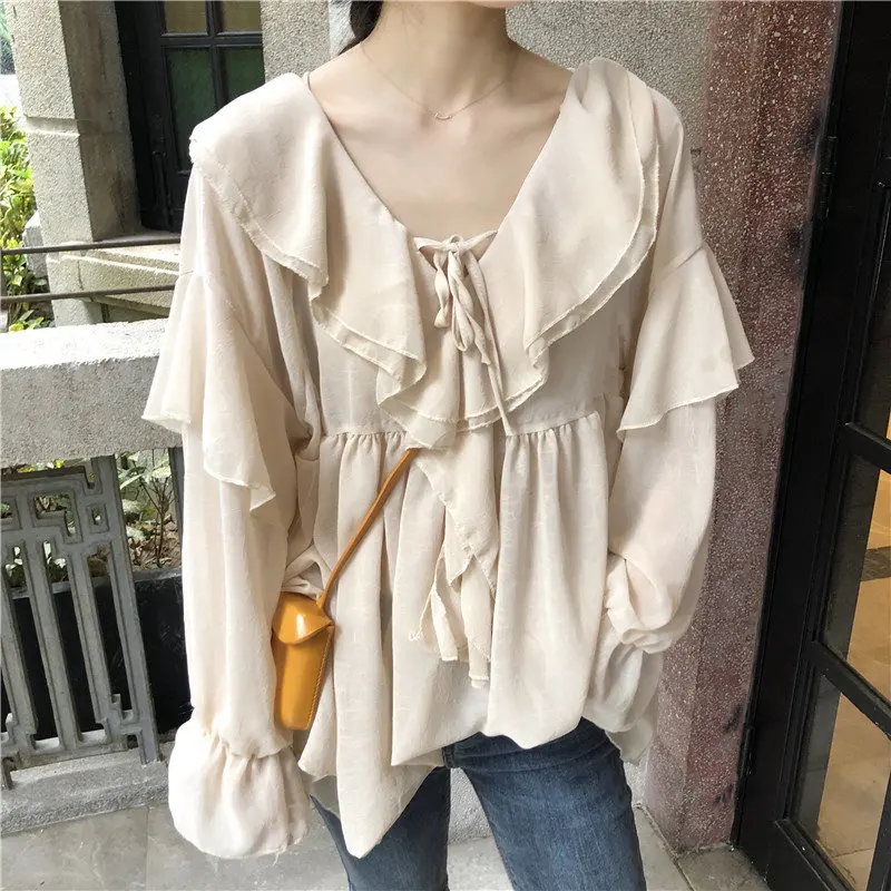 

Alien Kitty French Style 2019 New Light Ruffles V-neck Sexy Dress Women Sweet Solid Fresh Long Sleeve Solid Midi Dresses 2 Types