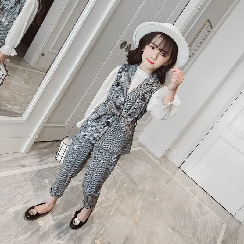 3 pieces big girls clothing sets pants +long sleeve blouse+vest 2018 autumn fashion Classic plaid girls clothes set 110-160 3 pieces big girls clothing sets pants +long sleeve blouse+vest 2018 autumn fashion Classic plaid girls clothes set 110-160
