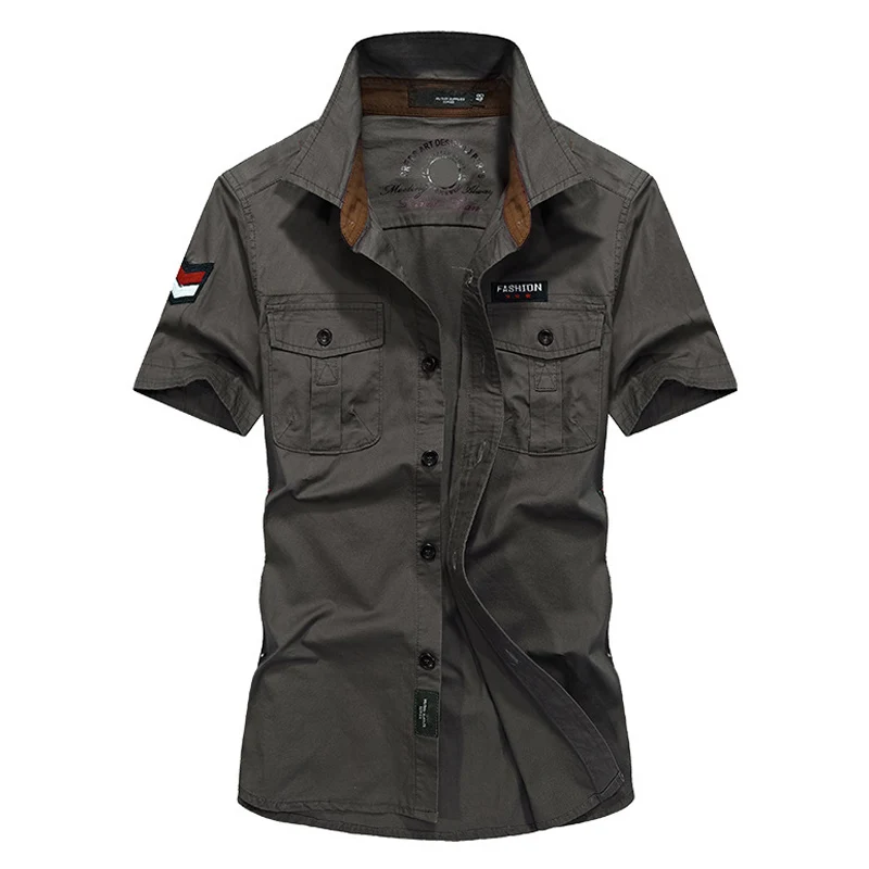 Мужская рубашка в стиле милитари с короткими рукавами, хлопковая рубашка-бомбер, вышитая повязка на руку, двойная одежда с карманами, европейский размер, Z-A06 - Цвет: Army Green