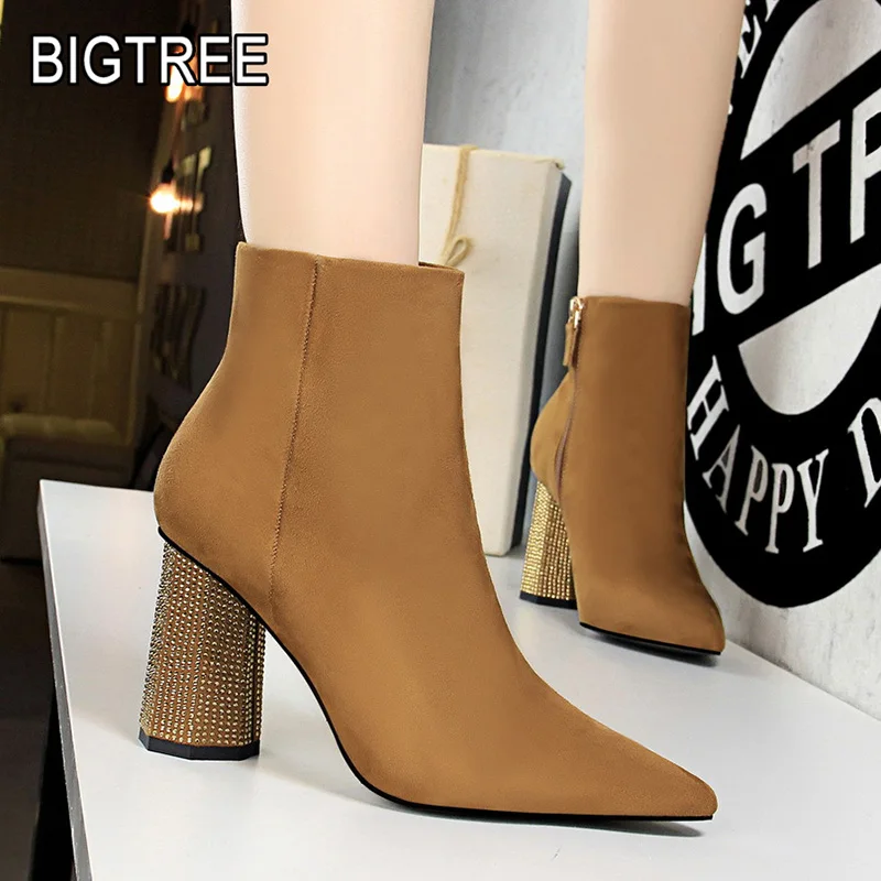 

BIGTREE Women Boots New Women High Heels Shoes Sexy Women Ankle Boots Fashion Short Boots Women Office Shoes Flock Party Shoes