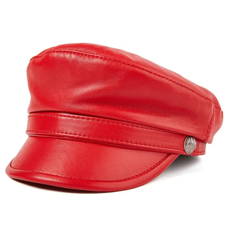 Günstig SILOQIN Echtem Leder Hut Rindsleder Schaffell Armee Militär Hüte Für Männer Frauen Mode Marken Flache Kappe Neue Herbst frauen kappen