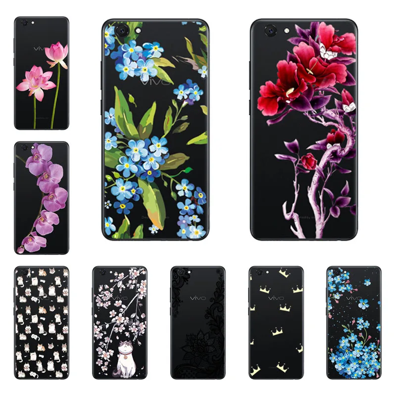 For vivo Y71 Case Silicon Black Painting Flower Soft TPU Back Cover for Protect Phone Cases Shell |