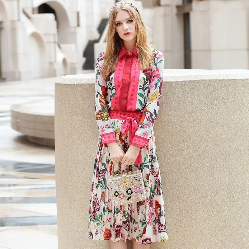 

Runway Style Elegant Prairie Chic Skirt Suits Animal Flower Printing Blouse Pleated Skirt Sweet 2 Piece Set Women Tracksuit