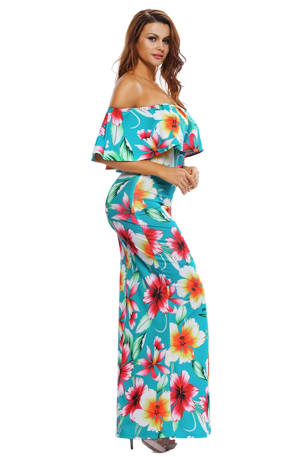 Turquoise-Roses-Print-Off-the-shoulder-Maxi-Dress-LC61189-4-5