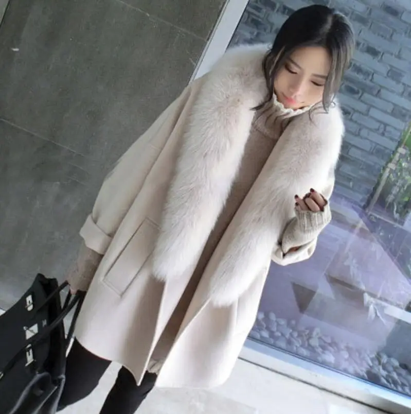 High quality women's clothing large fur collar wool coat 2019 Korean large size long blended Parker coats autumn winter overcoat
