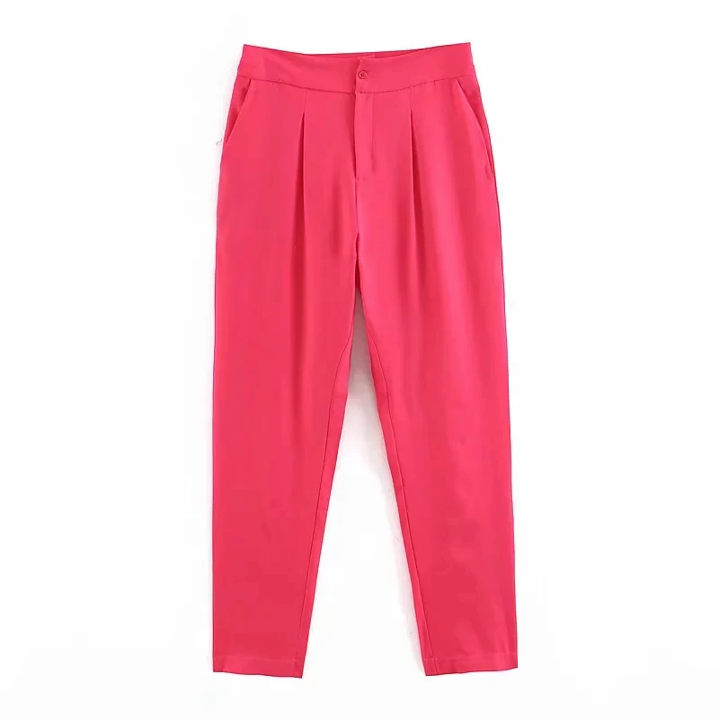 

Klacwaya women pink pants 2019 office ladies suits pant with pockets girls rose red button-fly slim trousers chic pantalon femme