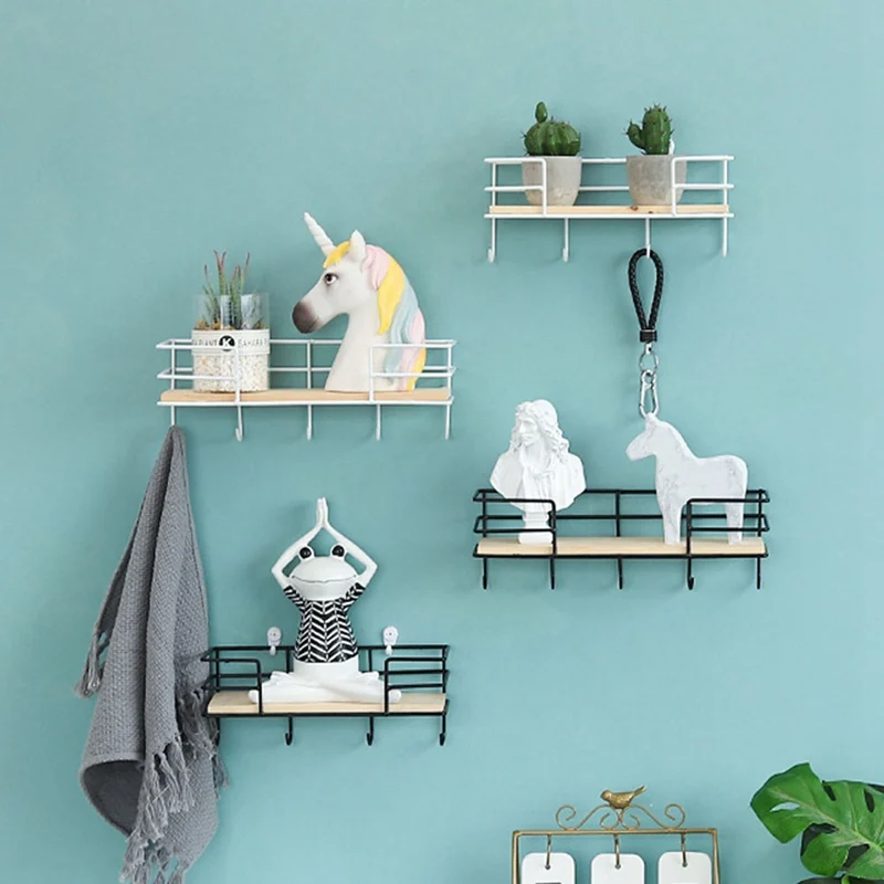 

Creative Wrought Iron Wood Wall Shelf Entrance Key Coat Clothes Bag Scarf Hook Storage Rack Home Room Decoration Organizer