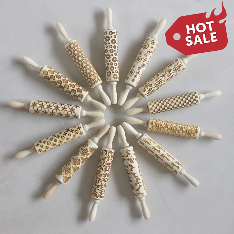 

Kids' Rolling Pins Engraved with Luxury Designer Patterns Wooden Roller For Baking Embossed Cookies