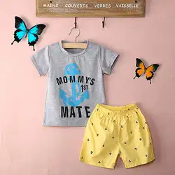 Повседневные Летние Письмо Хлопок Мода для маленьких мальчиков 2 шт. якорь наряды с коротким рукавом топы с надписью + брюки набор