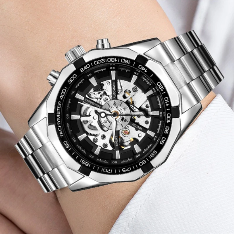 

Colouring Hollow Skeleton Automatic Mechanical Watches Mens Luxury Business Full Steel Winner Wristwatch relojes para hombre