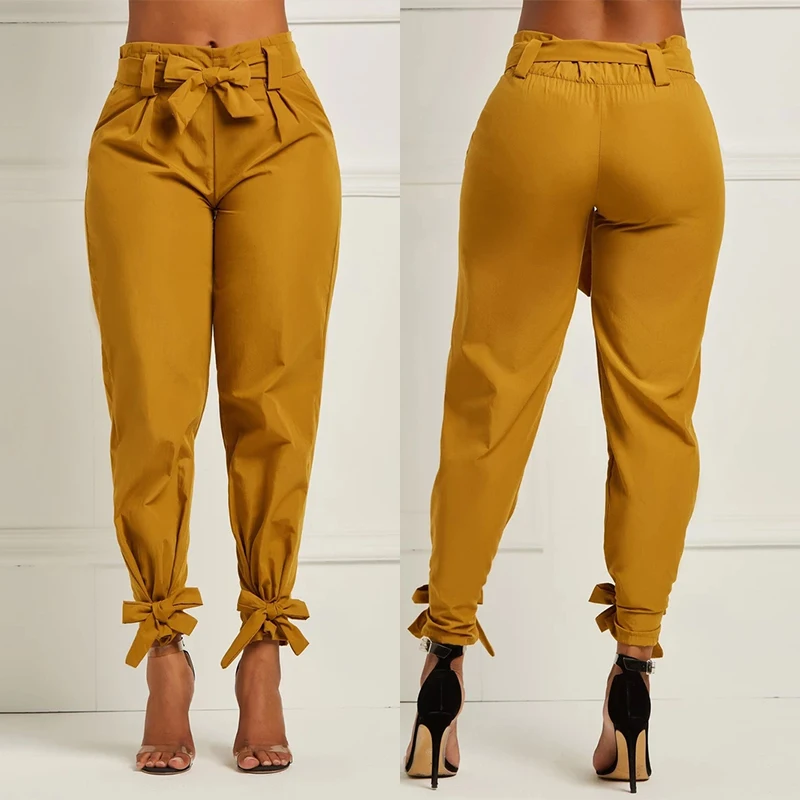 Elegant Women's Pants Silk-wadding Khaki Solid Casual Loose Pencil Work Slim High Waist Bow Fashion Hot New Pants With Belt