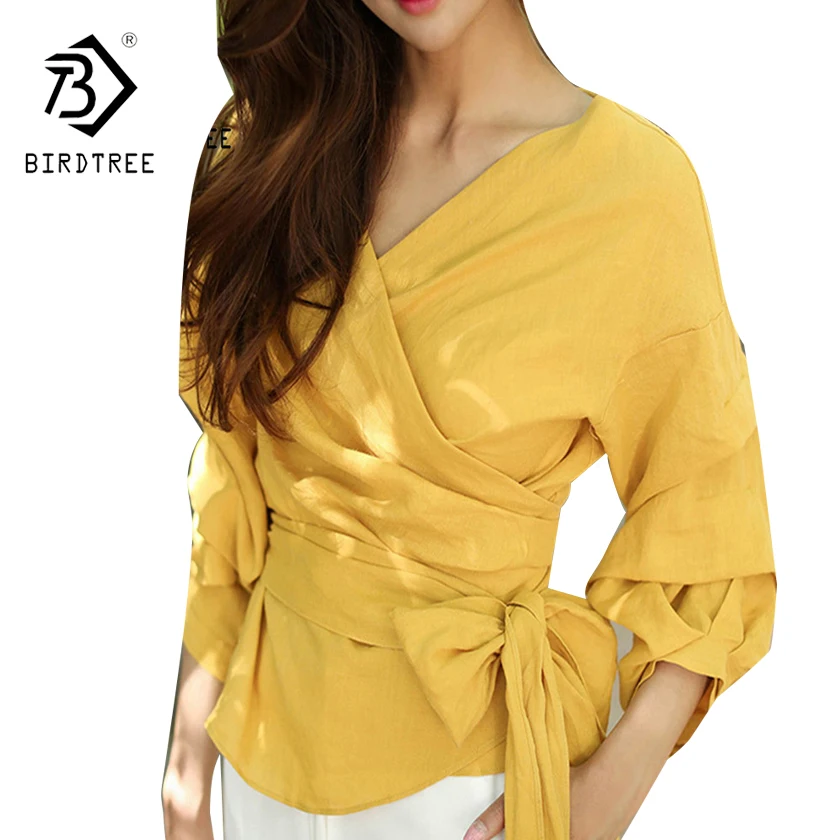 

Elegance New White Shirts Female Bow Women Blouses Fashion Nine Quarter Sleeves Cotton Linen Top 2017 Blouse Women Shirt T7N220A