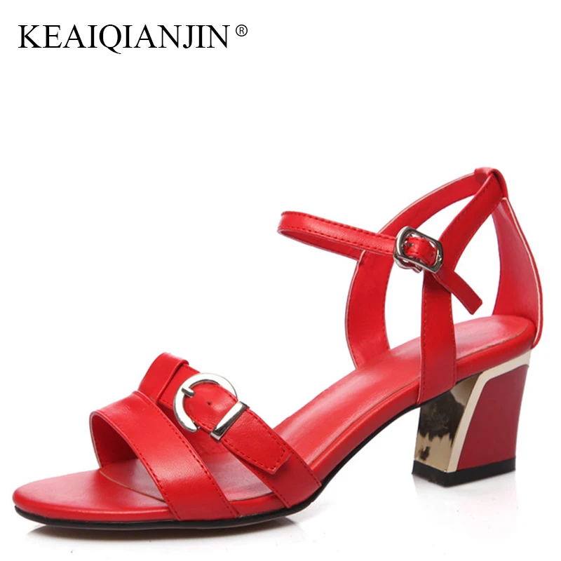 

KEAIQIANJIN Woman Black Peep Toe Sandal Fashion Genuine Leather High Heels Shoes Sexy Summer Plus Size 33-43 Open Toe Sandals