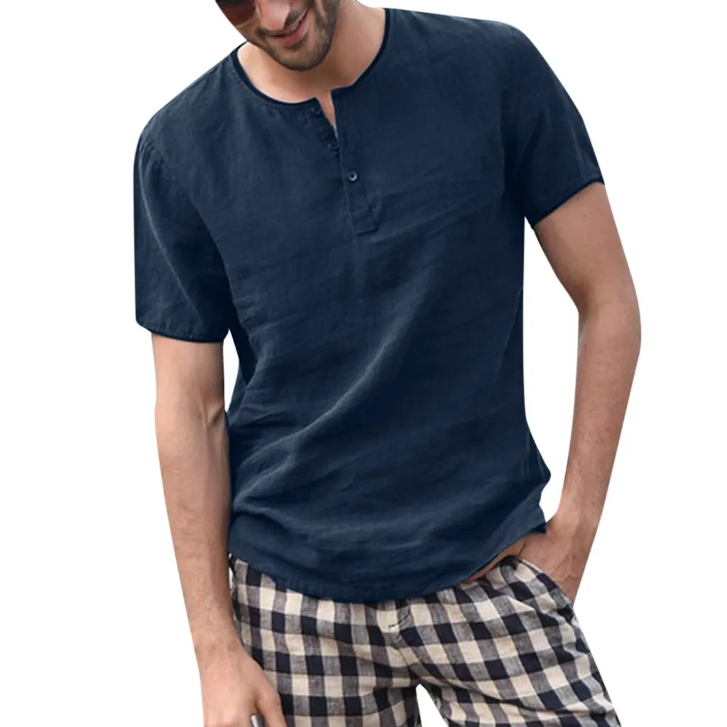Летняя мужская мешковатая однотонная хлопковая льняная рубашка с коротким рукавом на пуговицах размера плюс, топы S-2XL camisa masculina de mode pour hommes