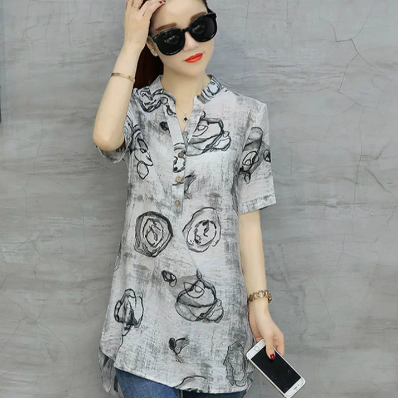 Vente 2018 Mode Vintage Imprimé Floral Blouses Femmes À Manches Courtes Plus La Taille Chemise Décontractée Coton Lin Blusas Chemise Longue Femme D532