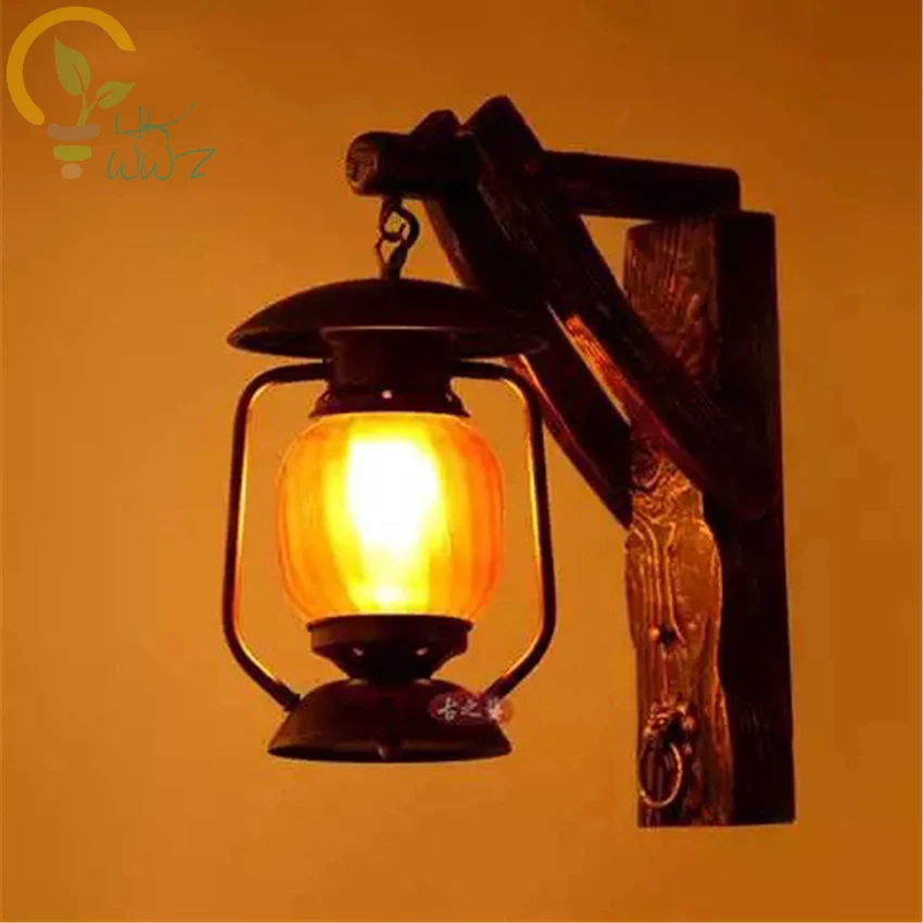 

American Countryside Solid Wood Retro Wall Lamp Horse Lantern Personality Creativity Bar Coffee Loft Style Vintage Wall Lamps