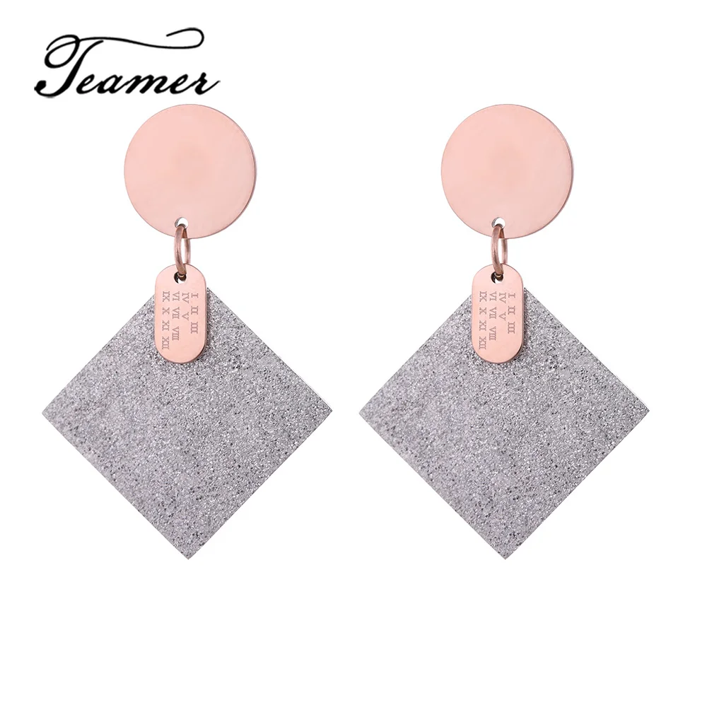 

Teamer Frosted Silver Color Square Geometric Stainless Steel Drop Earrings for Women Roman Numerals Fashion Simple Bijoux 2019