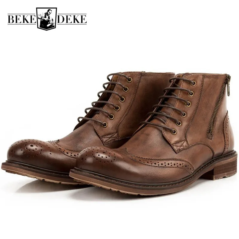 2019 Italy Mens Lace Up Ankle Boots High Top Brogue Work Safety Shoes Office Genuine Leather Man