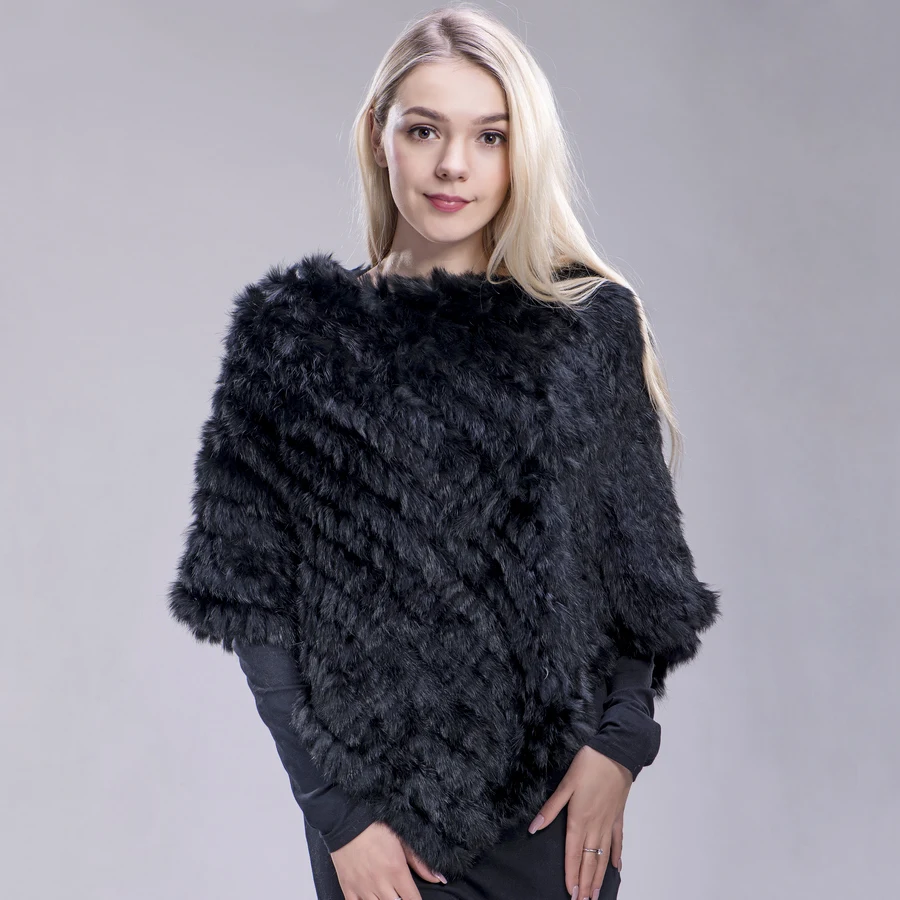 

FXFURS spring autumn Genuine Real Knitted Rabbit Fur Poncho Wrap scarves women natural rabbit fur Shawl triangle Cape 37 colors