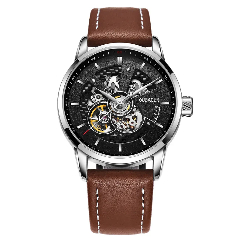 Мужские часы OUBAOER, автоматические механические часы, кожаные часы, повседневные деловые часы, Топ бренд, спортивные часы, relogio masculino - Цвет: silver black 001A