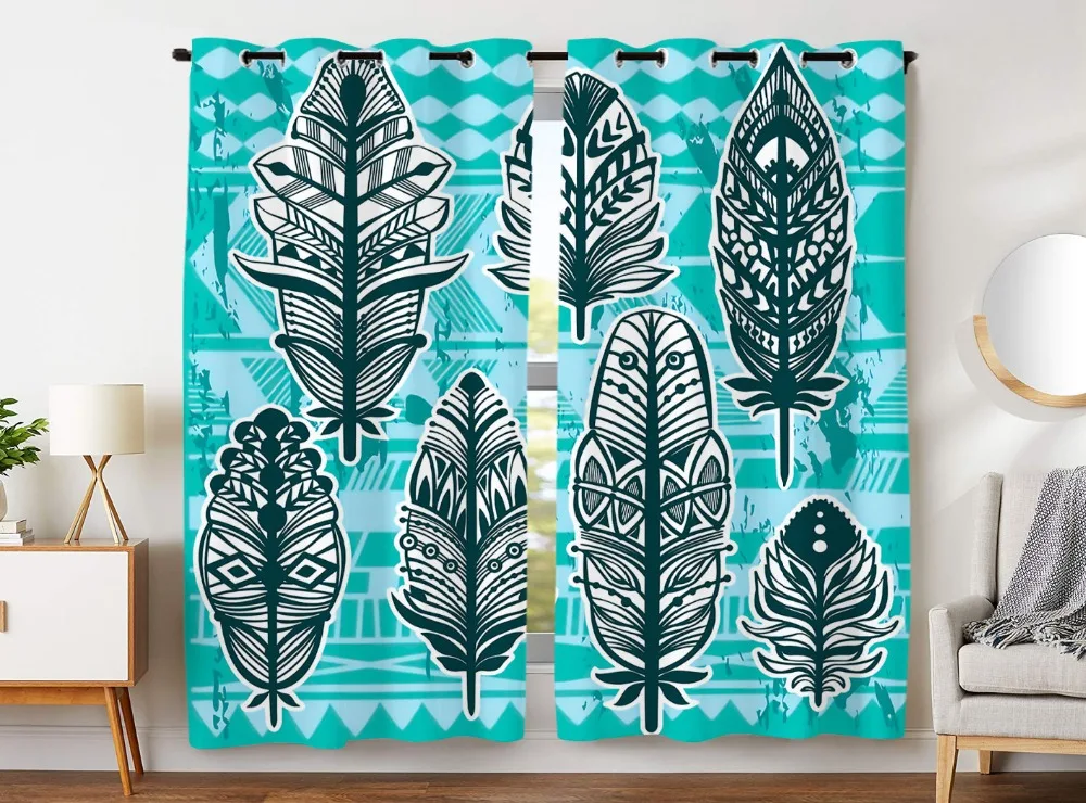 

HommomH Curtains (2 Panel) Grommet Top Darkening Blackout Room Ancient Leaves Totem Feather Blue