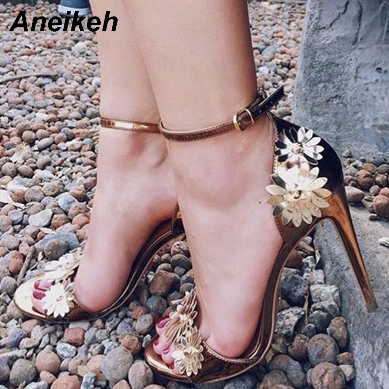 

Aneikeh Sandals Summer Gold Flower Women Wedding Shoes Open Toe Gladiator Sandals Women Thin Heels Pumps Fashion Platform Shoes