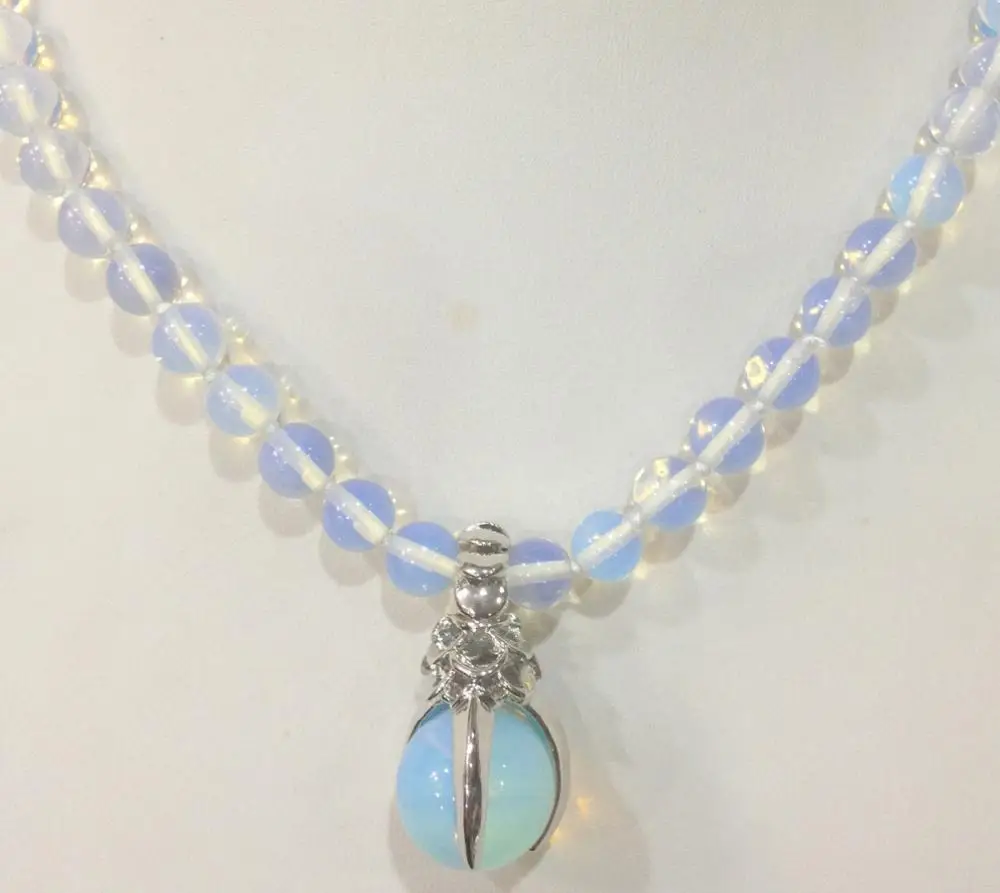 

8MM Beautiful Natural White Opal Round Beads Gems Pendant Necklace 18