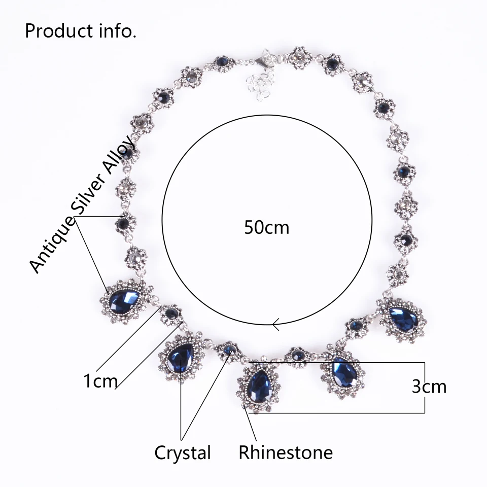 Женское модное ожерелье, ювелирное изделие, темно-синее, капля воды, кристалл, камень, винтажный стиль, античное серебро, цвет ниспадающее ожерелье на шею