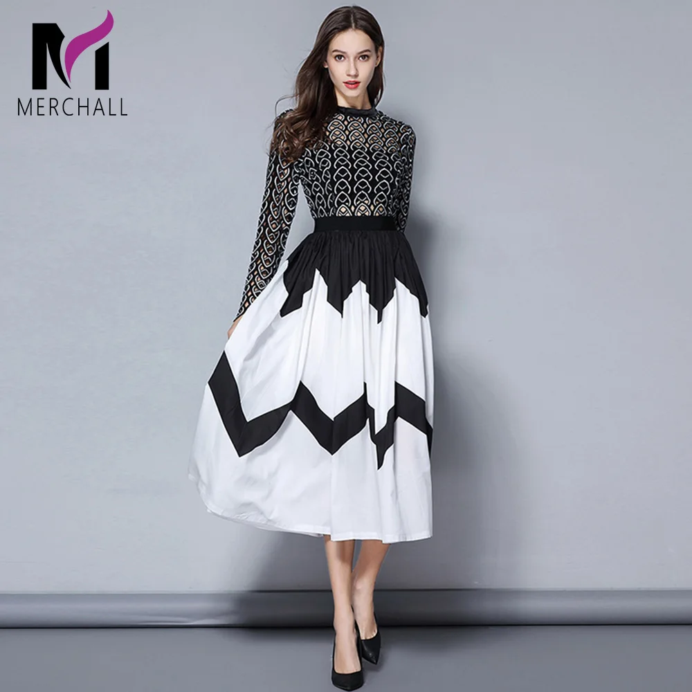 

Merchall Self Portrait Runway Designer Dress 2019 Spring Patchwork Black Hollow Out Lace Round Neck Pleated Party Women Dresses