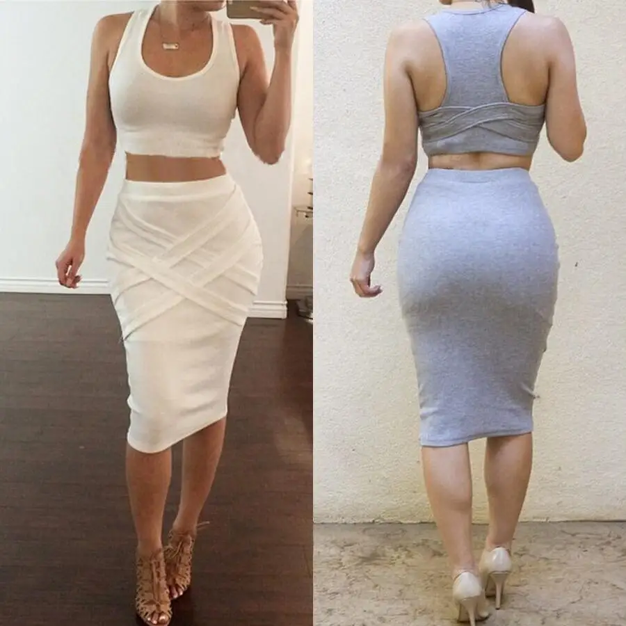 2017 Women Two Piece Outfits Summer Sexy Club Bodycon Party Dress Sleeveless Casual Midi Bandage Dress