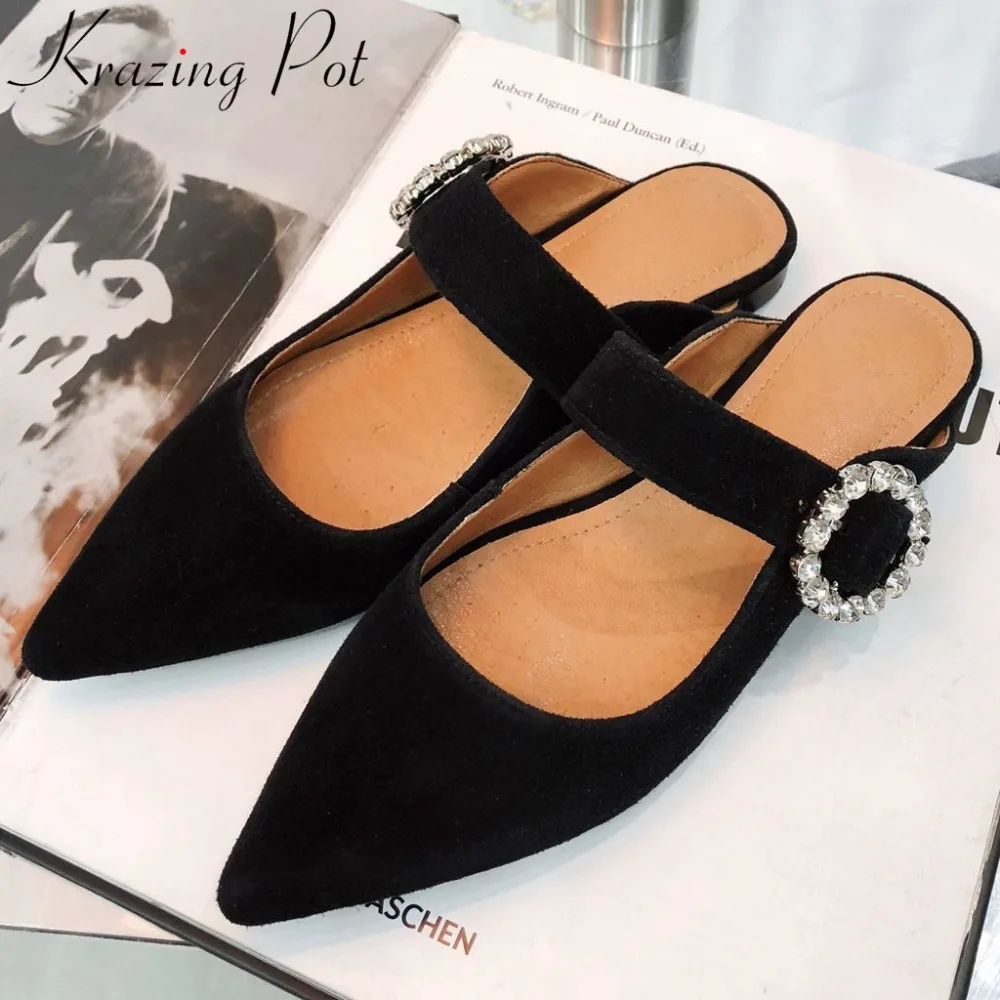 

Krazing pot movie stars natural leather glitter crystals buckle slip on oxford pointed toe big size summer sandals shoes L3f5