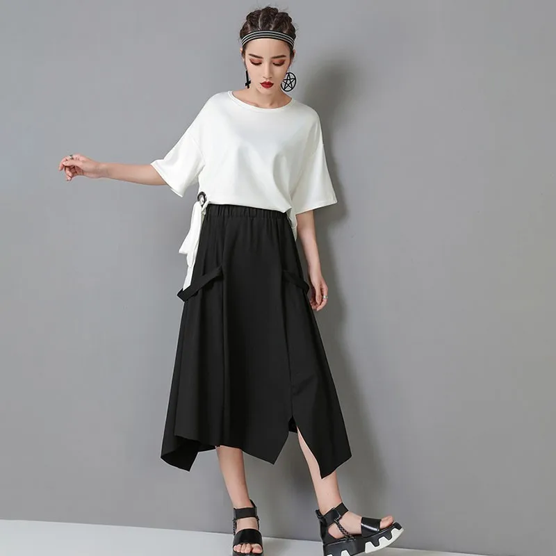 [EAM] новая весенне-летняя юбка с высокой эластичной талией, черная юбка с неровной строчкой, женская модная юбка, JO133