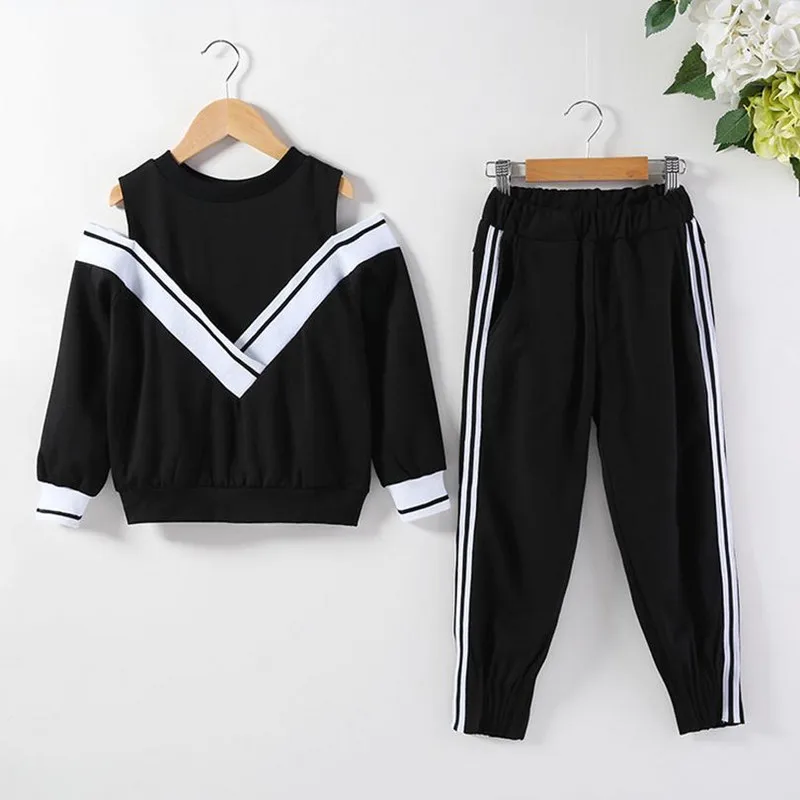 

DFXD New Teenagers Girls Clothing Set 2018 Spring Autumn Black/White Long Sleeve Off Shoulder Shirt+Pant Girls Sport Suits 3-14Y