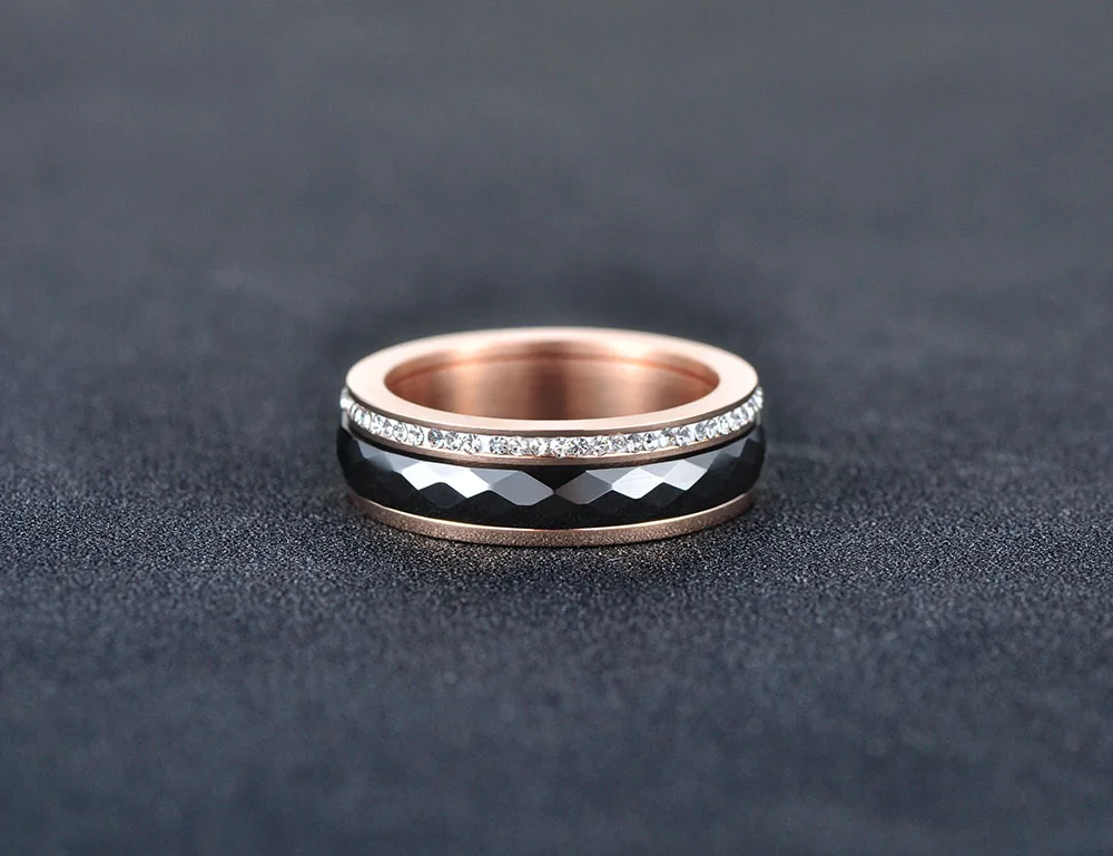 AENINE Классическая титановая сталь черная керамика обручальные кольца ювелирные изделия розовое золото Кубический Цирконий обручальные кольца для женщин AR18013
