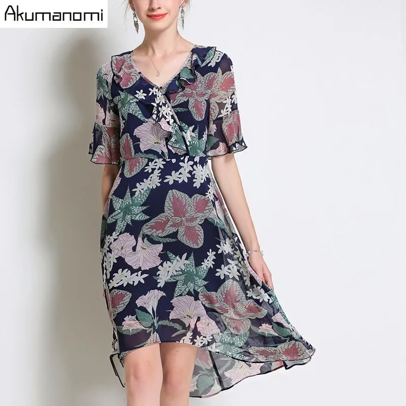 

Summer Chiffon Dress Women Clothing V-neck Flare Half Sleeve Flowers Print Irregular Hem Dress Plus Size 5XL 4XL 3XL 2XL XL L M